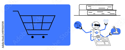 E-commerce, virtual assistance, artificial intelligence, online learning, digital books, futuristic shopping. Cart, robot with multiple arms books. E-commerce and virtual assistance