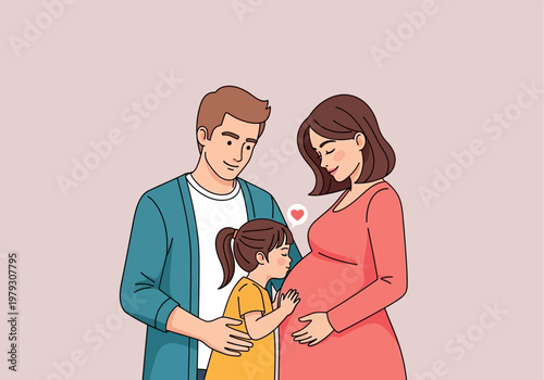 Happy Family Expecting New Baby Concept: Pregnant Mother, Father, and Little Daughter Kissing Belly, Flat Illustration