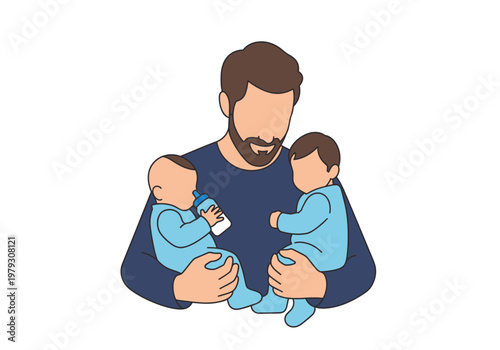 Minimalist Flat Illustration of a Father Holding and Bottle Feeding Twin Babies, Modern Paternity and Childcare Concept