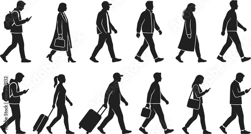 Large Set of Walking People Silhouettes, Diverse Men and Women Carrying Suitcases Bags and Using Phones, Vector Pedestrians Collection for Urban Lifestyle,