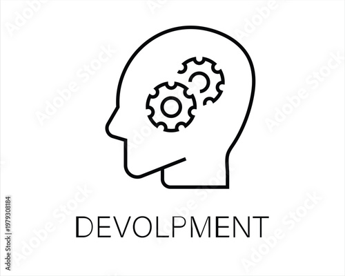 Development, Brainstorming, Innovation, Strategy, Thinking, Process, Cogwheel, Human Mind, Intellectual Property, Logic, Creativity, Gear, Line Art Icon