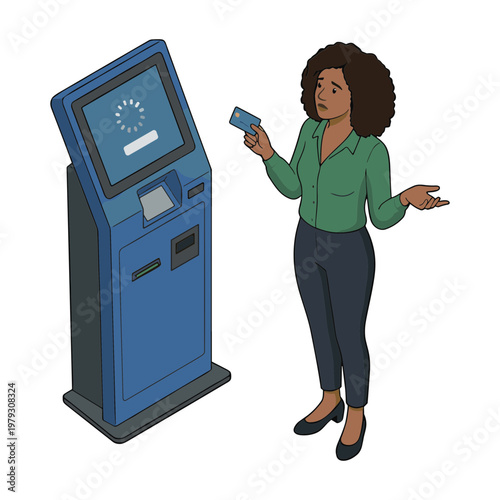 Woman uses card at blue self-service terminal machine indoors.