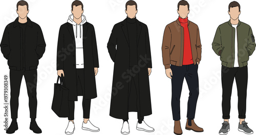 Men's winter and autumn fashion set with overcoats bomber jackets and hoodies