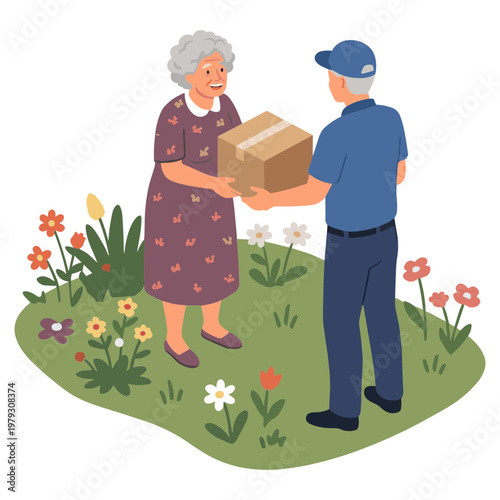 Elderly woman receiving package from courier in garden