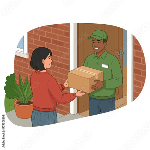Woman receives package from delivery man at front door of house