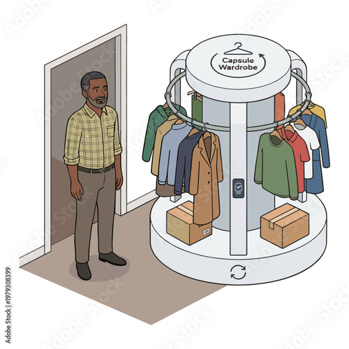 Man standing beside rotating clothing rack in room with boxes