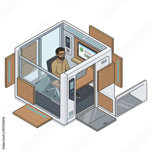 Man working in a modern office cubicle with glass walls and open panels