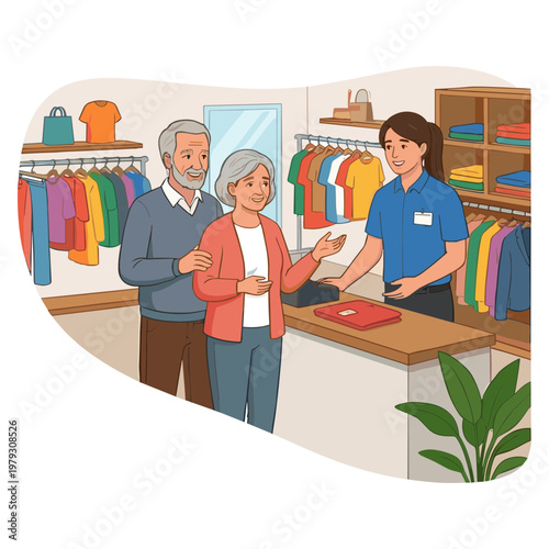 Elderly couple shopping with sales associate in clothing store
