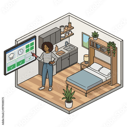 A woman presents on a screen in a compact studio apartment with a bed, kitchenette, and plants.