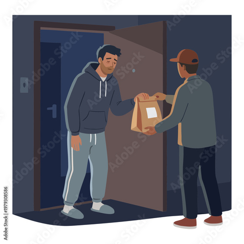 Delivery man handing food to customer at apartment door late at night