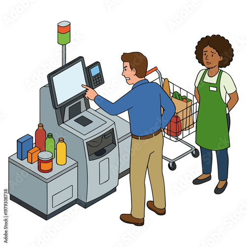 Man using self checkout with cart full of groceries next to cashier