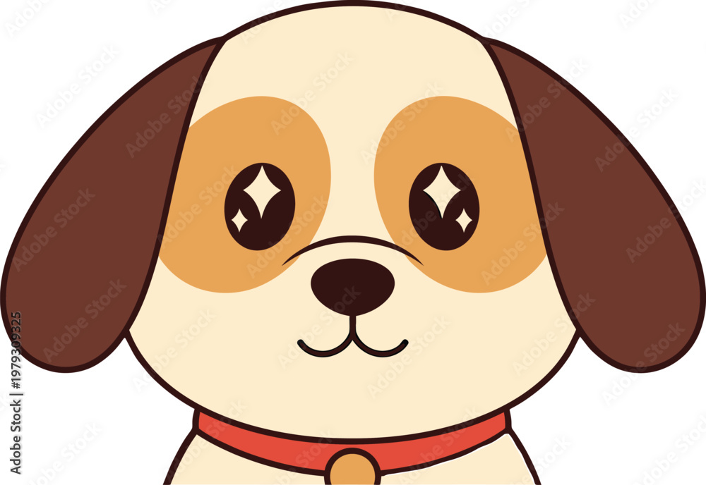 Obraz premium Cute Puppy Face Vector Illustration with Sparkling Eyes and Red Collar, Kawaii Dog Portrait Flat Design for Pet Care, Children's Graphics, and Animal Lover Theme Concepts