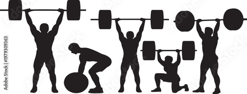 Barbell Exercise Silhouettes Weightlifting Training Vector Illustration - Fitness Training Silhouettes Set Bodybuilding and Gym Workout Poses