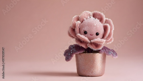 Rose doll with fluffy velvet petals and tiny bead eyes, sitting in a glossy pastel pot, studio lighting, playful toy commercial style