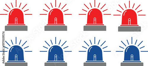 Emergency siren vector illustration set featuring red and blue flashing lights for police, fire, and ambulance safety graphics