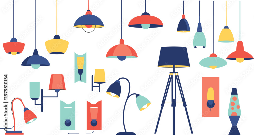Fototapeta premium Set of 20 Colorful and Stylish Light Fixtures Including Lamps, Pendant Lights, Desk Lamps, and Lava Lamps in Various Shapes