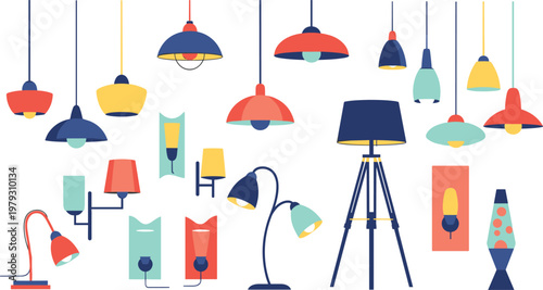 Set of 20 Colorful and Stylish Light Fixtures Including Lamps, Pendant Lights, Desk Lamps, and Lava Lamps in Various Shapes