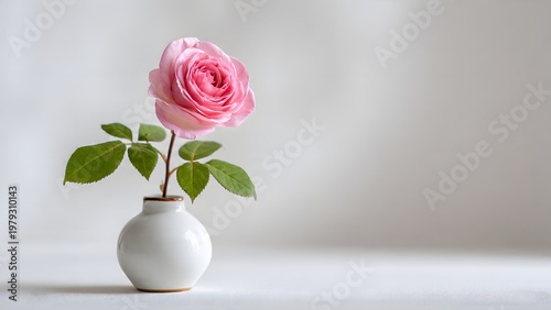 Single blooming pink rose in a small ceramic pot centered on clean white background, subtle shadow, Scandinavian minimal aesthetic, soft natural light from right side