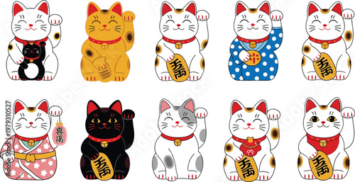 Set of 10 Lucky Maneki Neko Cats in Various Colors and Patterns, Featuring Gold Coins and Traditional Lucky Charms