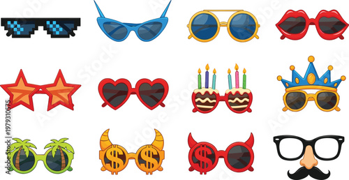 Set of 12 Fun and Creative Sunglasses Designs Including Stars, Hearts, Palm Trees, Dollar Signs, and More