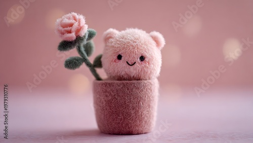 Cute fuzzy rose doll inside a tiny pastel pot, plush texture, kawaii style, soft pink background, gentle lighting, toy photography, shallow depth of field