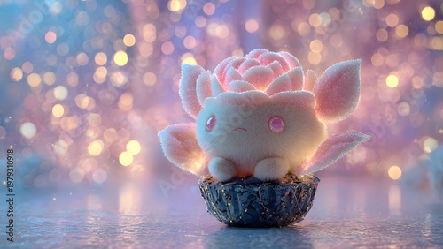 Fantasy-style fluffy rose creature with glowing edges, soft fur petals, sitting in a tiny decorative pot, dreamy pastel gradient background, magical lighting