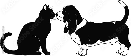 cat and dog silhouettes, pet friendship illustration, domestic animals interaction, black and white design, cute animal artwork, canine and feline concept