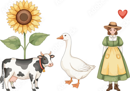 Illustration of Farm Life with a Sunflower, Cow, Goose, and a Farm Girl Wearing a Green Dress and Hat