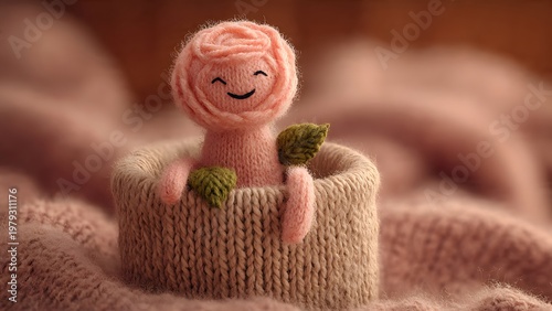 Fluffy rose character with tiny stitched smile, sitting inside a knitted pot cover, warm cozy background, soft wool texture, hygge aesthetic