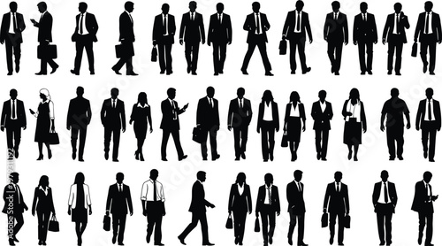 business people silhouettes set, corporate professionals walking collection, office workers illustration, men and women team, black silhouette characters, workplace concept