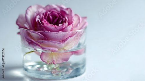 Macro shot of a single rose in a glass pot with water reflections, light refraction effect, clean white background, high detail, studio photography