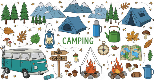 Camping Theme Illustration with Tents, Campfire, Mountains, Trees, and Outdoor Gear