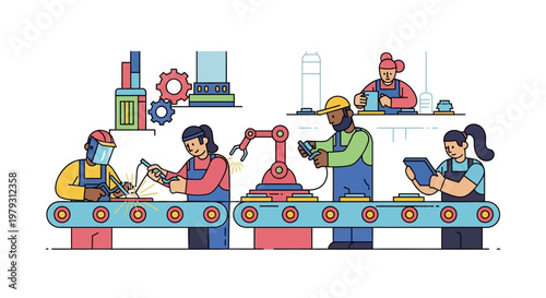 Dynamic Factory Production Line Illustrates Human-Robot Collaboration, Streamlining Manufacturing Processes for Efficient Industrial Output