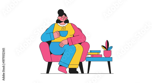 Relaxed woman enjoying a hot beverage in a cozy armchair with a book on a side table, illustration