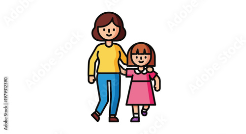 A heartwarming illustration of a caring mother and her young daughter walking hand-in-hand, symbolizing family connection and nurturing childhood development