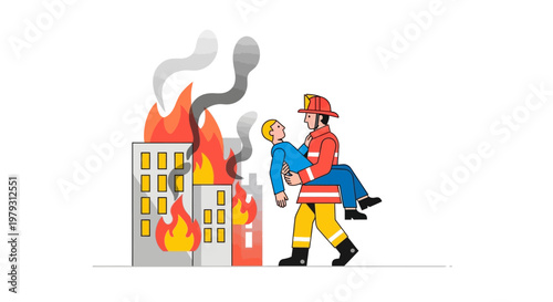 Firefighter Heroically Rescues Person from Burning Building in Dramatic Rescue Illustration