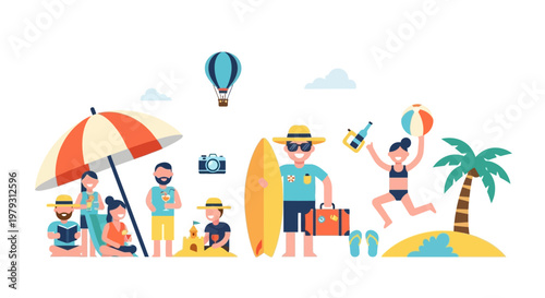 Happy people enjoying a sunny beach vacation with vacation activities and summer fun