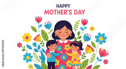 Happy Mother's Day greeting illustration with a mother and her two children surrounded by colorful flowers and cheerful decorations