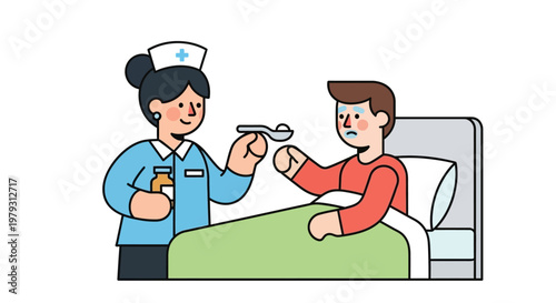 Professional nurse administering medicine to a sick patient in bed. Caring healthcare worker provides treatment and support for recovery