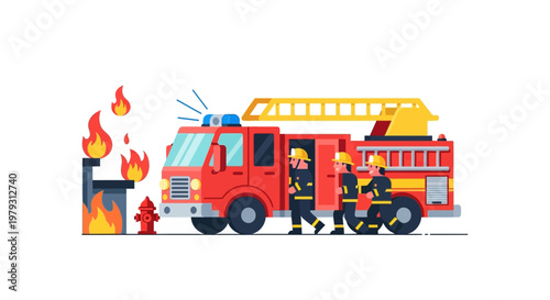 Firefighters respond to a building fire, bravely extinguishing flames with their red truck and equipment