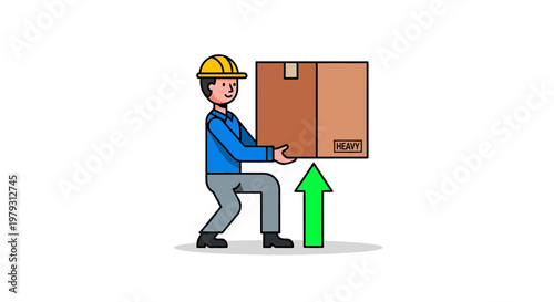 Professional worker wearing protective gear demonstrating safe lifting techniques for a cardboard box, emphasizing occupational safety and careful handling of goods