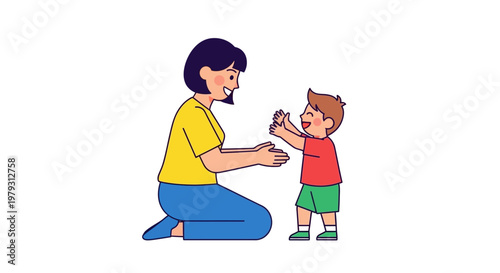 Mother and son having fun together playing a game of catch or just enjoying playtime outdoors on a sunny day