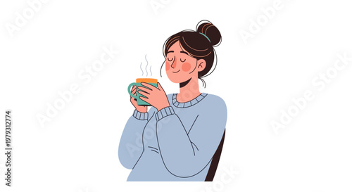 Illustration of a woman holding a warm mug, enjoying a peaceful moment with a hot beverage