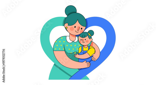 Heartwarming flat illustration of a mother lovingly embracing her child, symbolizing family bond, care, and maternal affection in a vibrant design