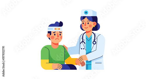 Doctor tending to a patient with a head injury, emphasizing care and recovery