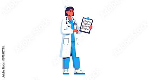 Professional doctor in white coat holding a medical checklist and stethoscope, indicating a health assessment