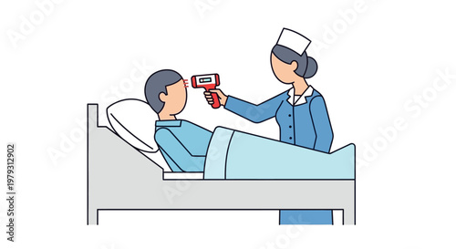 Medical professional checking patient's temperature with a non-contact thermometer in a hospital bed, healthcare concept