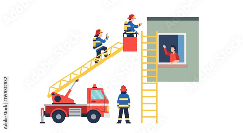 Firefighters conduct rescue operation using ladder truck to save person from burning building