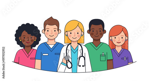 Diverse group of medical professionals, including doctors and nurses, standing together in a harmonious medical team