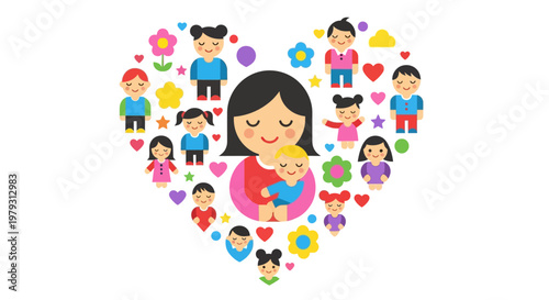 Mother's Love A Heartwarming Illustration of a Mother Embracing Her Child Amidst a Vibrant Community of Diverse Children and Flowers